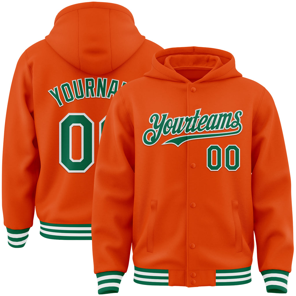 Custom Orange Kelly Green-White Bomber Full-Snap Varsity Letterman Hoodie Jacket