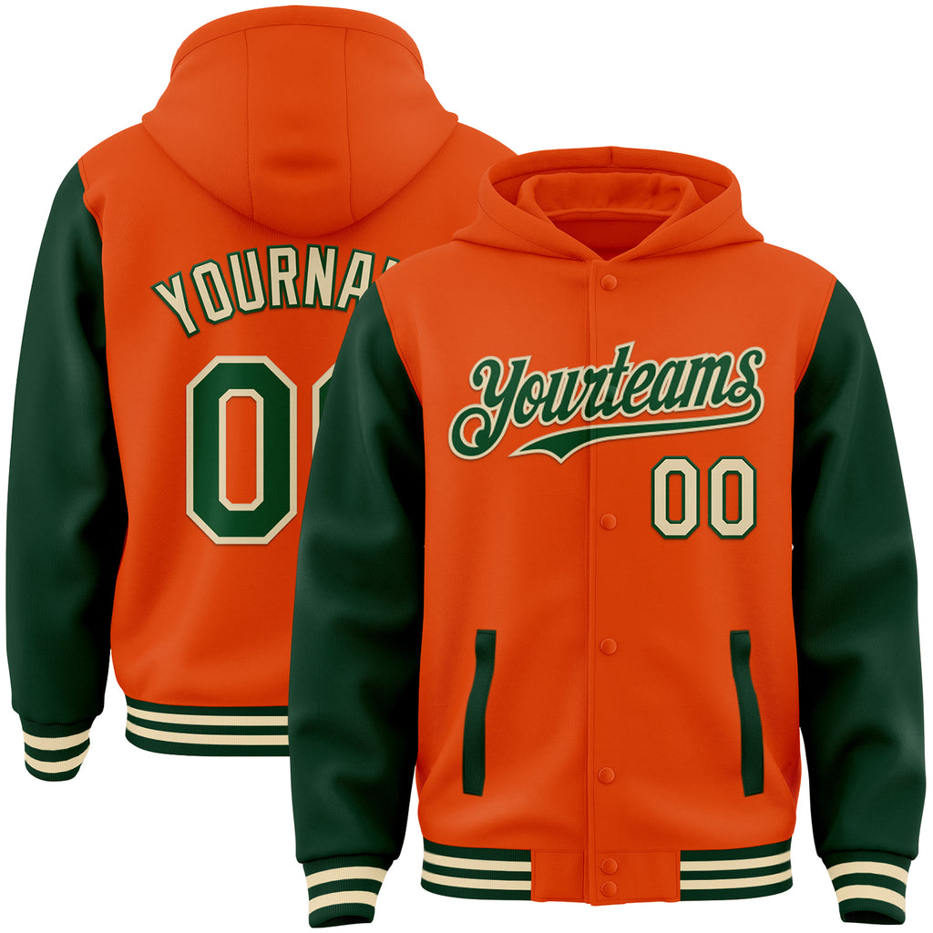 Custom Orange Green-Cream Bomber Full-Snap Varsity Letterman Two Tone Hoodie Jacket