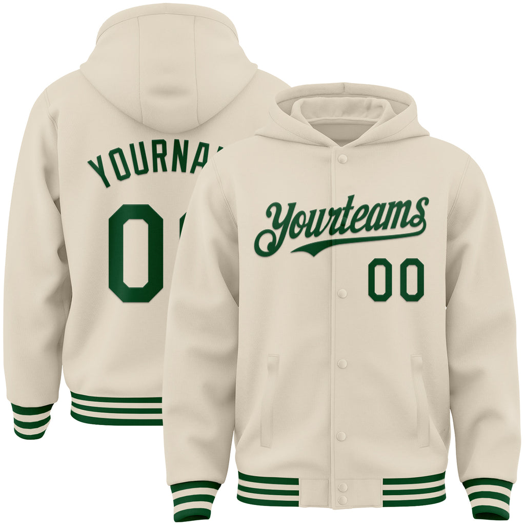 Custom Cream Green Bomber Full-Snap Varsity Letterman Hoodie Jacket