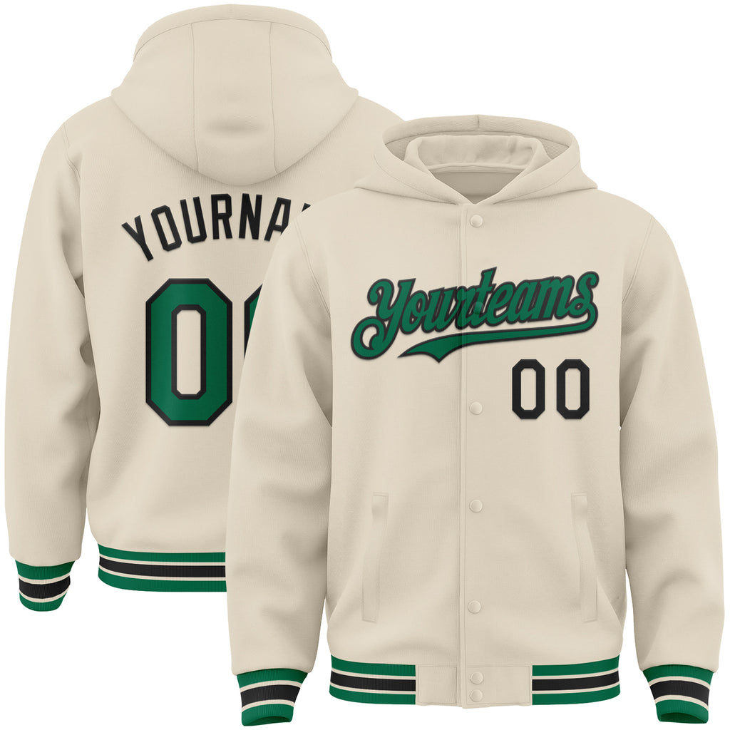 Custom Cream Kelly Green-Black Bomber Full-Snap Varsity Letterman Hoodie Jacket