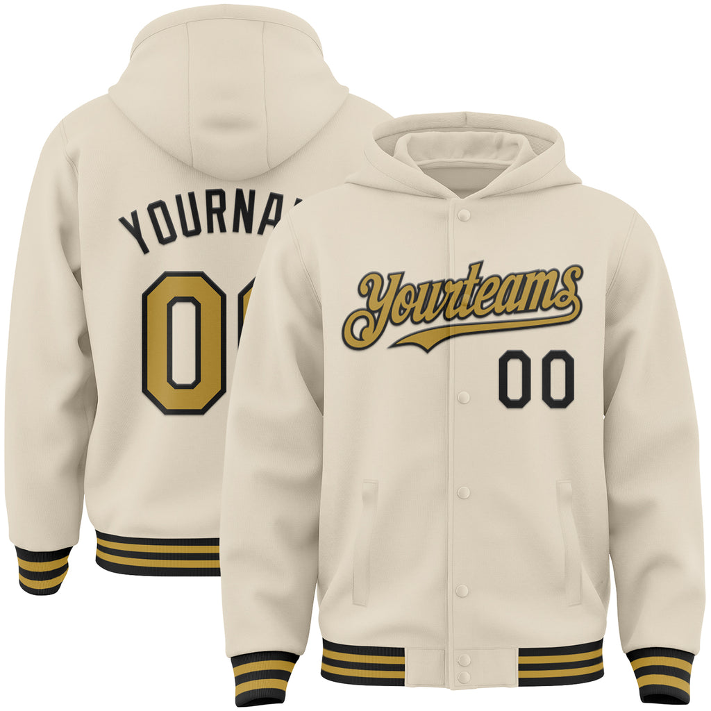 Custom Cream Old Gold-Black Bomber Full-Snap Varsity Letterman Hoodie Jacket