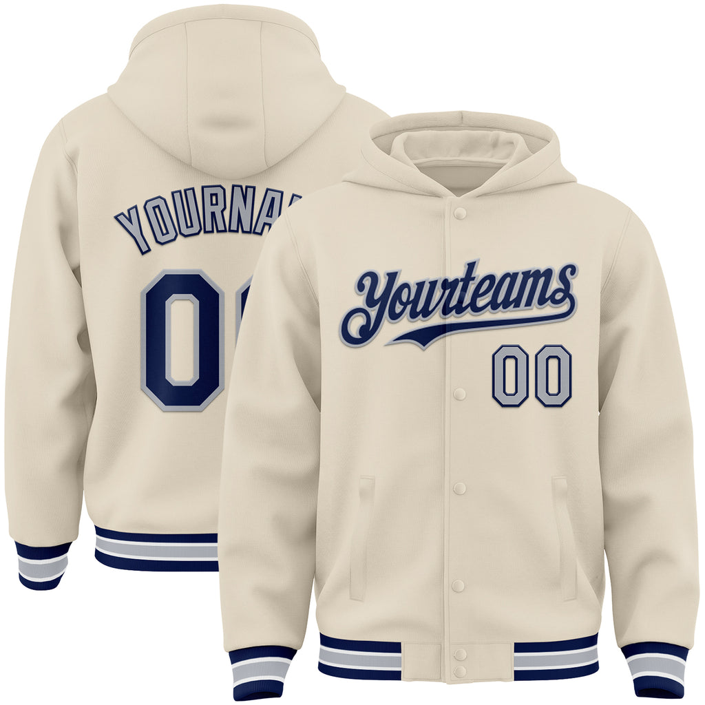 Custom Cream Navy Gray-White Bomber Full-Snap Varsity Letterman Hoodie Jacket