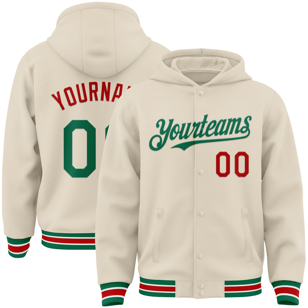 Custom Cream Kelly Green Red-White Bomber Full-Snap Varsity Letterman Hoodie Jacket