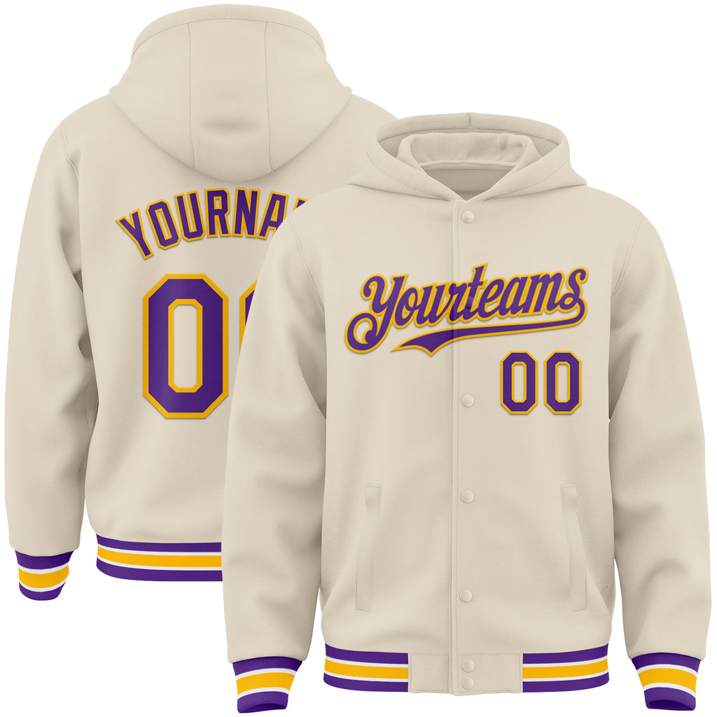 Custom Cream Purple Gold-White Bomber Full-Snap Varsity Letterman Hoodie Jacket