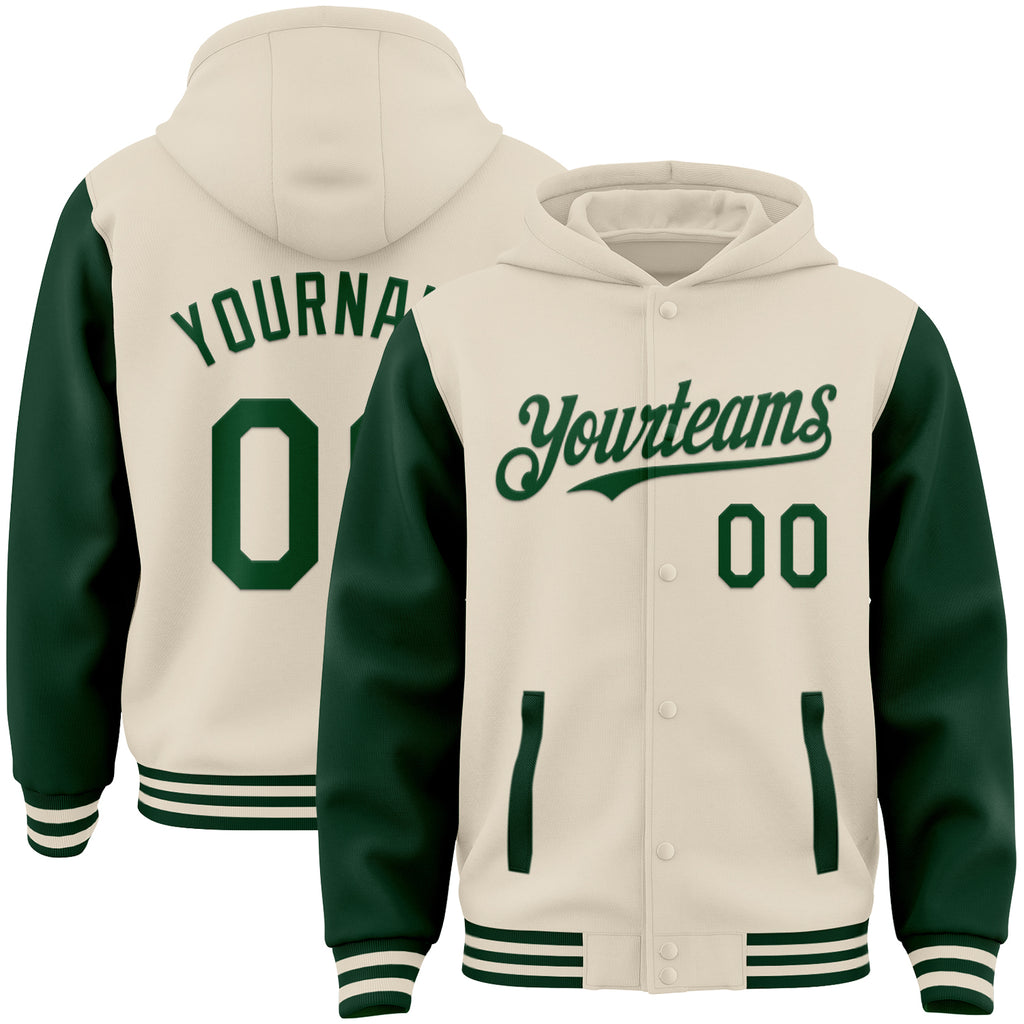 Custom Cream Green Bomber Full-Snap Varsity Letterman Two Tone Hoodie Jacket