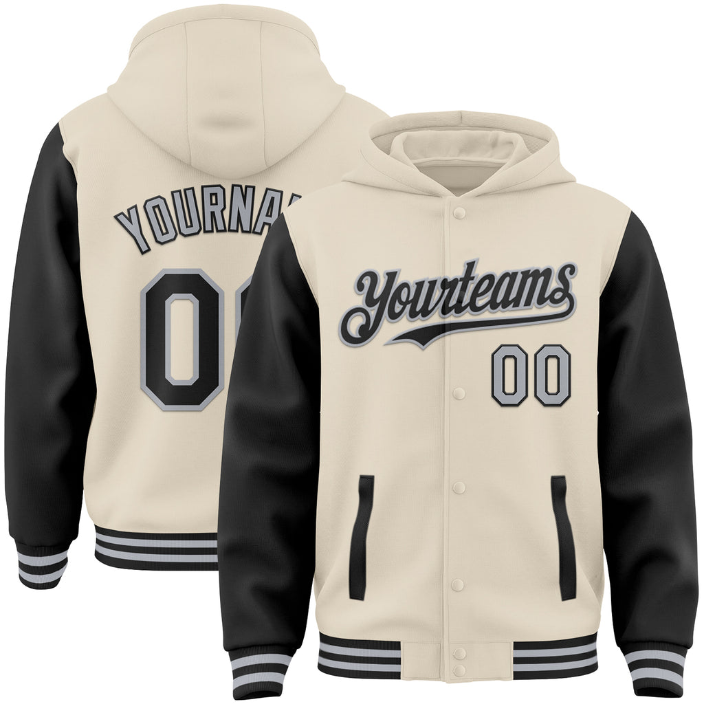 Custom Cream Black-Gray Bomber Full-Snap Varsity Letterman Two Tone Hoodie Jacket