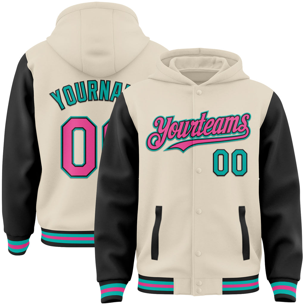 Custom Cream Pink Black-Aqua Bomber Full-Snap Varsity Letterman Two Tone Hoodie Jacket