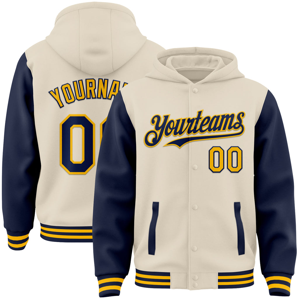 Custom Cream Navy-Gold Bomber Full-Snap Varsity Letterman Two Tone Hoodie Jacket