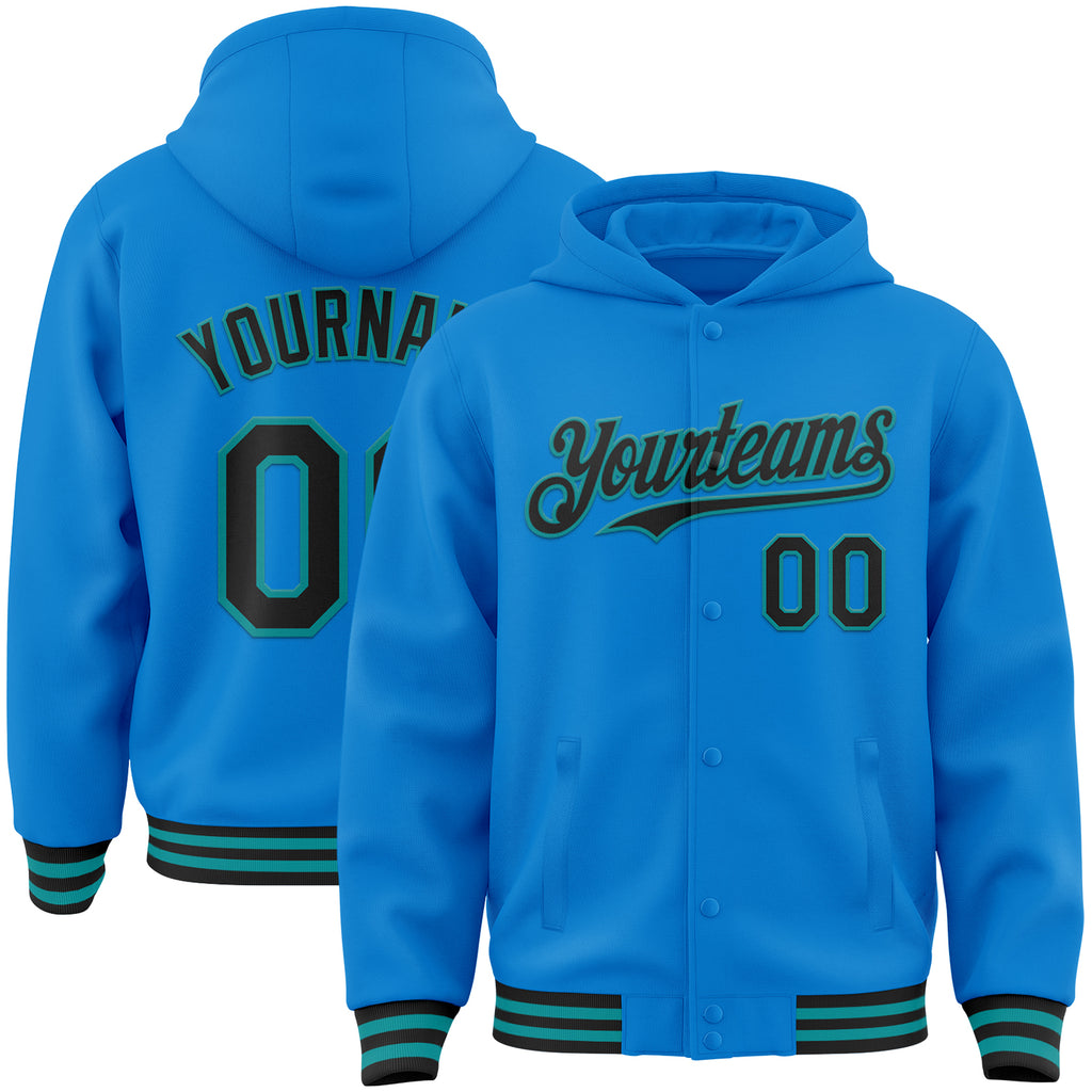 Custom Powder Blue Black-Teal Bomber Full-Snap Varsity Letterman Hoodie Jacket