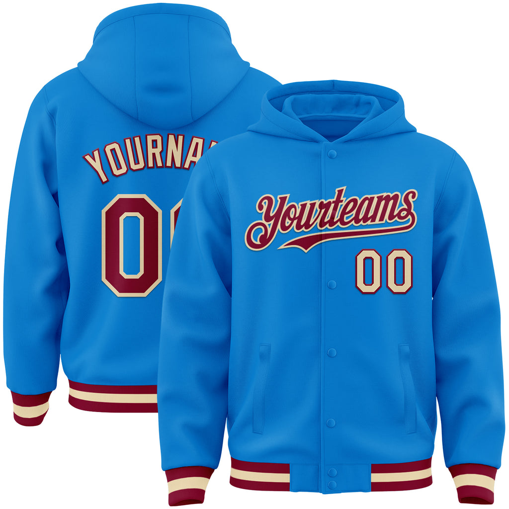 Custom Powder Blue Maroon-Cream Bomber Full-Snap Varsity Letterman Hoodie Jacket