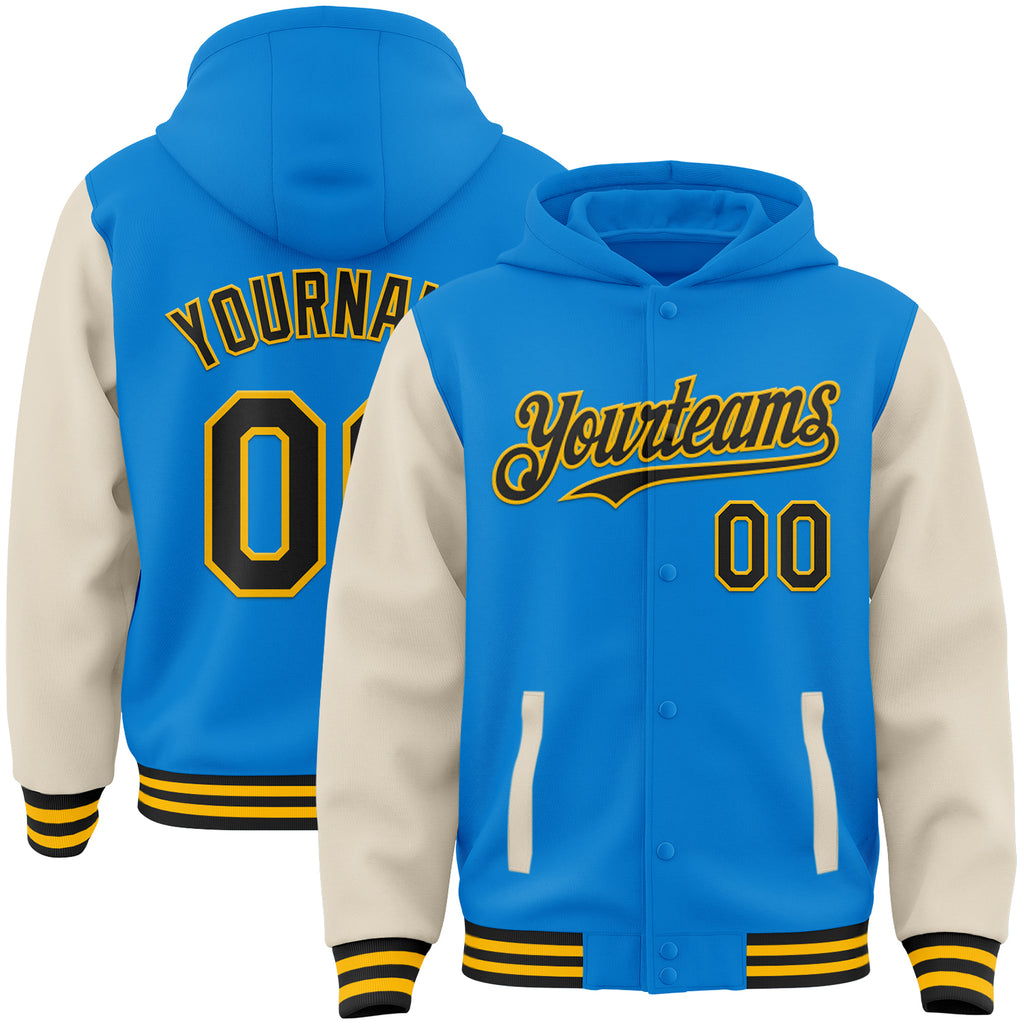 Custom Powder Blue Black Cream-Gold Bomber Full-Snap Varsity Letterman Two Tone Hoodie Jacket