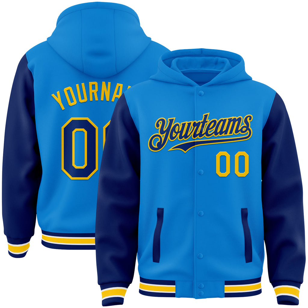 Custom Powder Blue Royal-Yellow Bomber Full-Snap Varsity Letterman Two Tone Hoodie Jacket