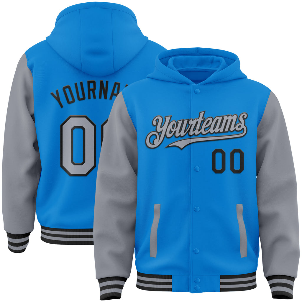 Custom Powder Blue Gray-Black Bomber Full-Snap Varsity Letterman Two Tone Hoodie Jacket