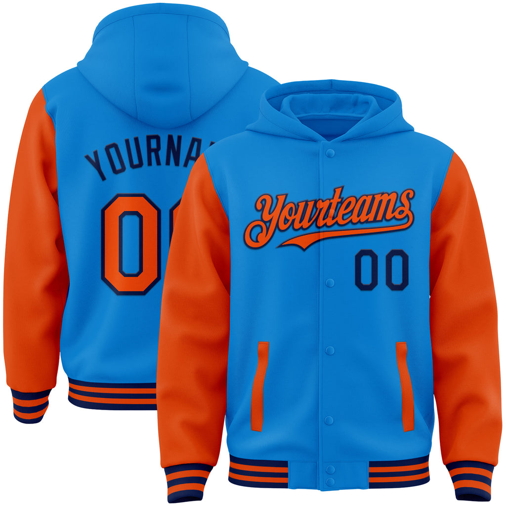 Custom Powder Blue Orange-Navy Bomber Full-Snap Varsity Letterman Two Tone Hoodie Jacket