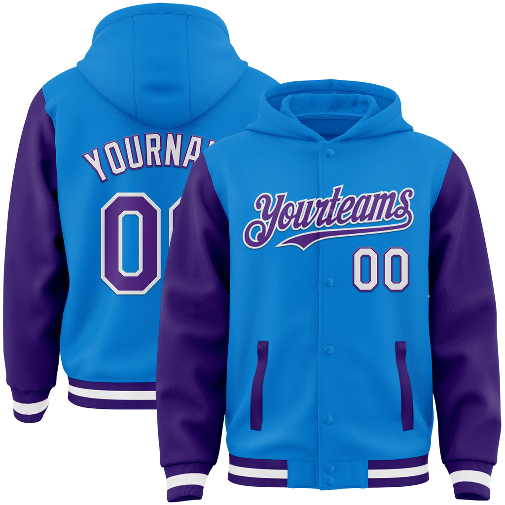 Custom Powder Blue Purple-White Bomber Full-Snap Varsity Letterman Two Tone Hoodie Jacket