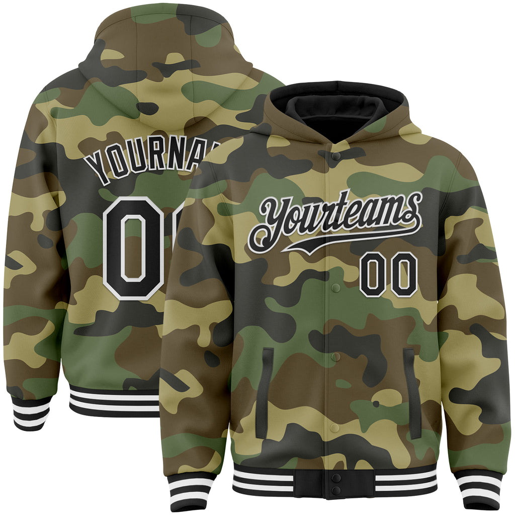 Custom Camo Black-White Bomber Full-Snap Varsity Letterman Salute To Service Hoodie Jacket