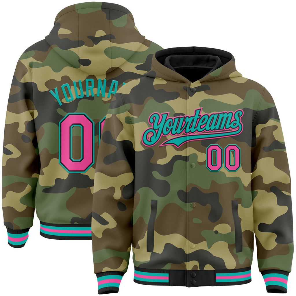 Custom Camo Pink Black-Aqua Bomber Full-Snap Varsity Letterman Salute To Service Hoodie Jacket