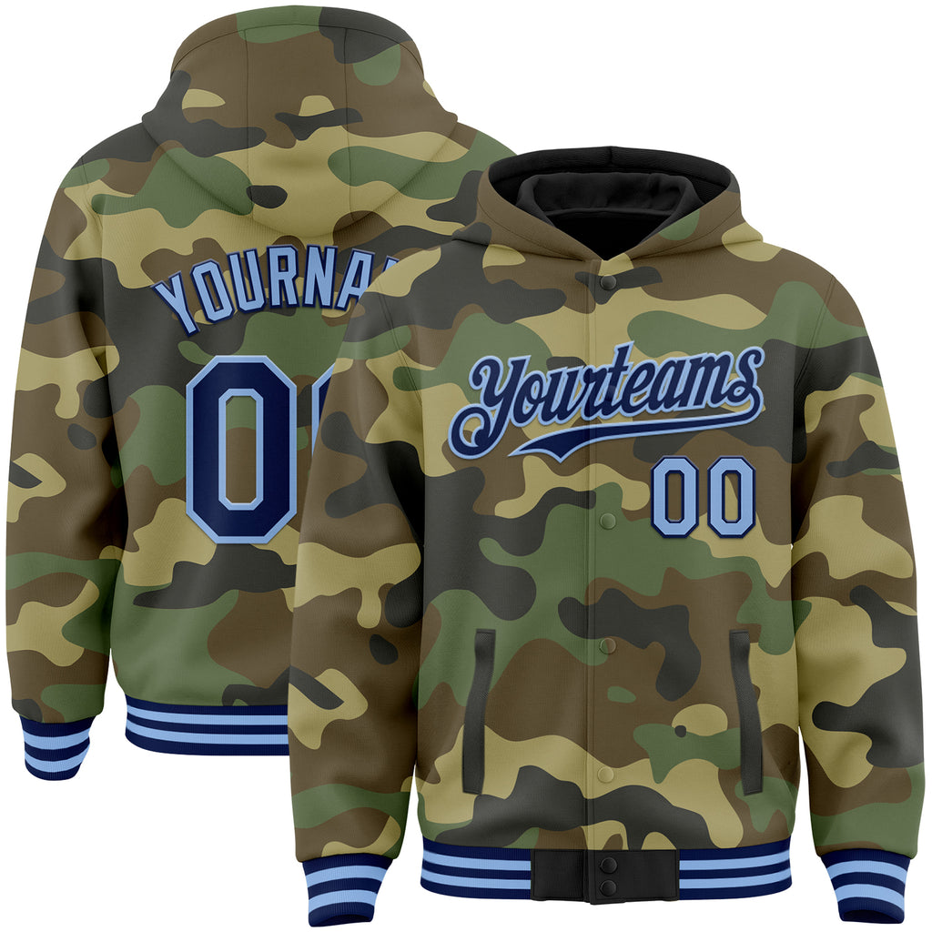 Custom Camo Navy-Light Blue Bomber Full-Snap Varsity Letterman Salute To Service Hoodie Jacket