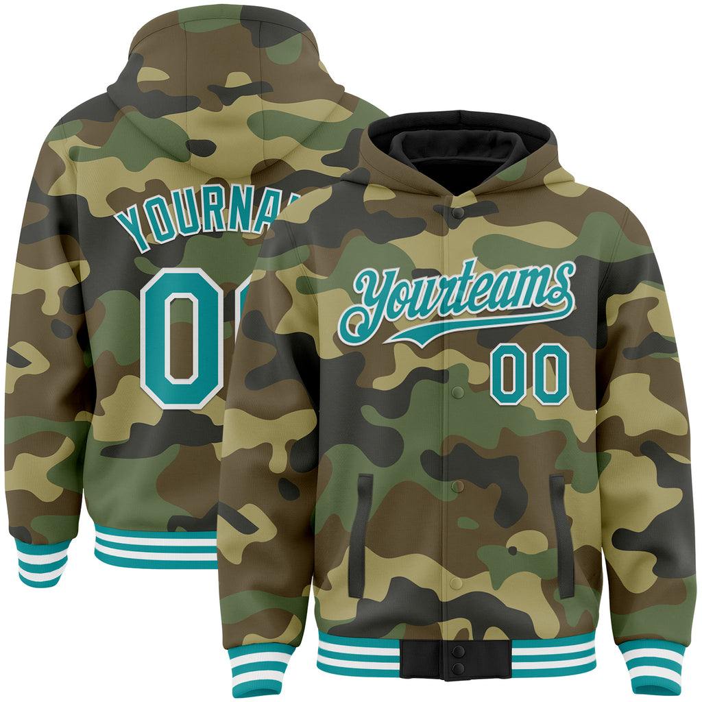 Custom Camo Teal-White Bomber Full-Snap Varsity Letterman Salute To Service Hoodie Jacket