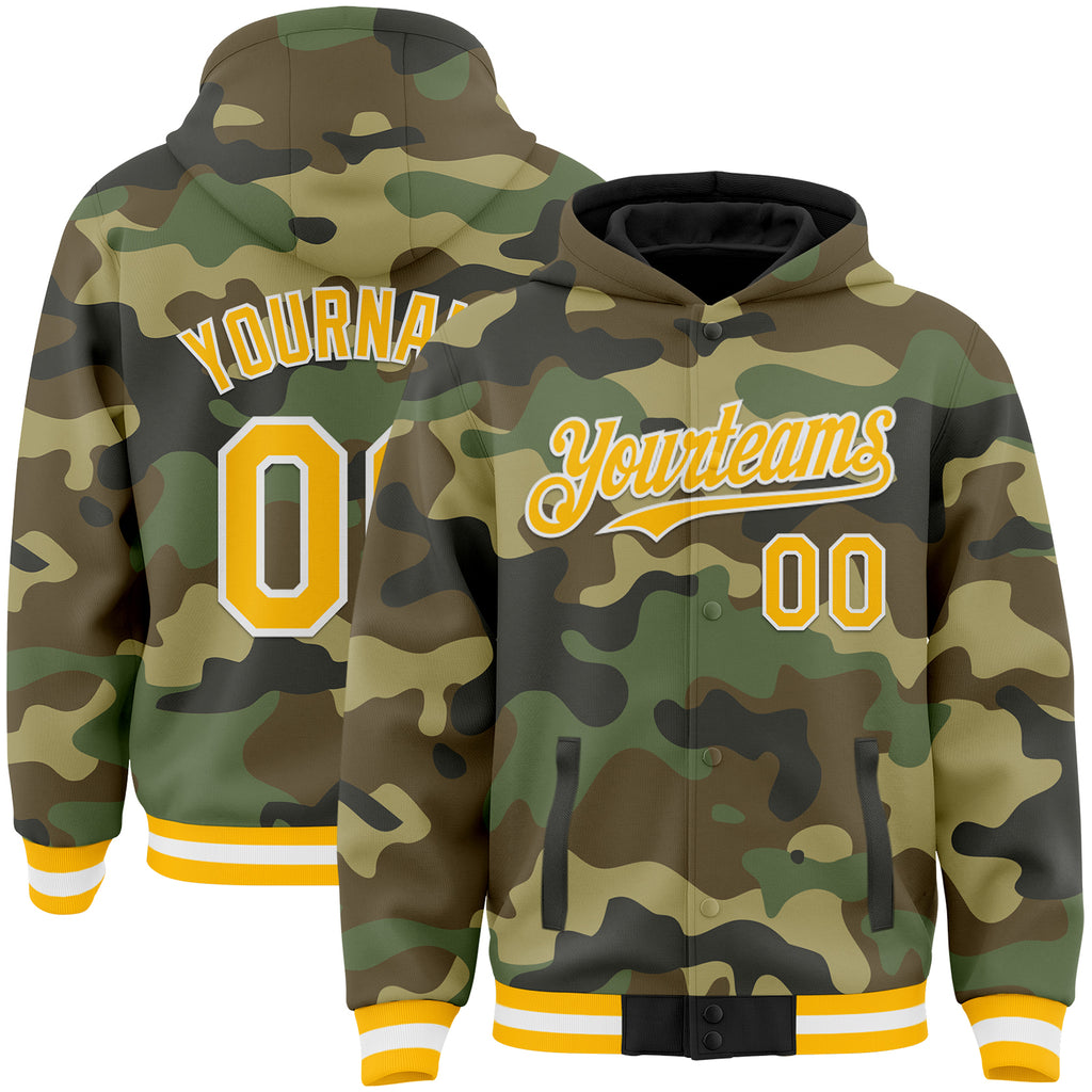 Custom Camo Gold-White Bomber Full-Snap Varsity Letterman Salute To Service Hoodie Jacket