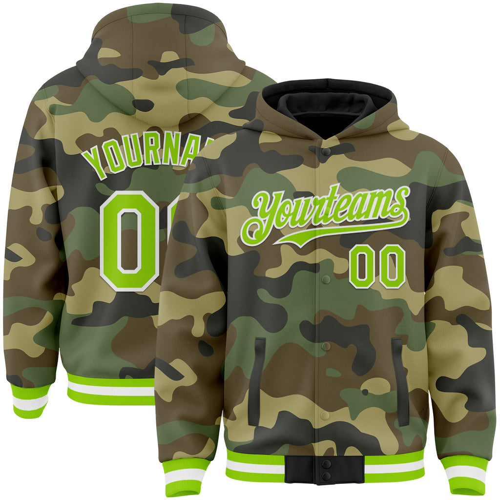 Custom Camo Neon Green-White Bomber Full-Snap Varsity Letterman Salute To Service Hoodie Jacket