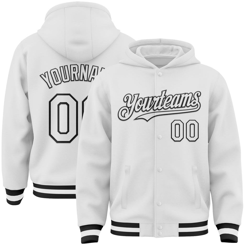 Custom White Black Bomber Full-Snap Varsity Letterman Hoodie Jacket