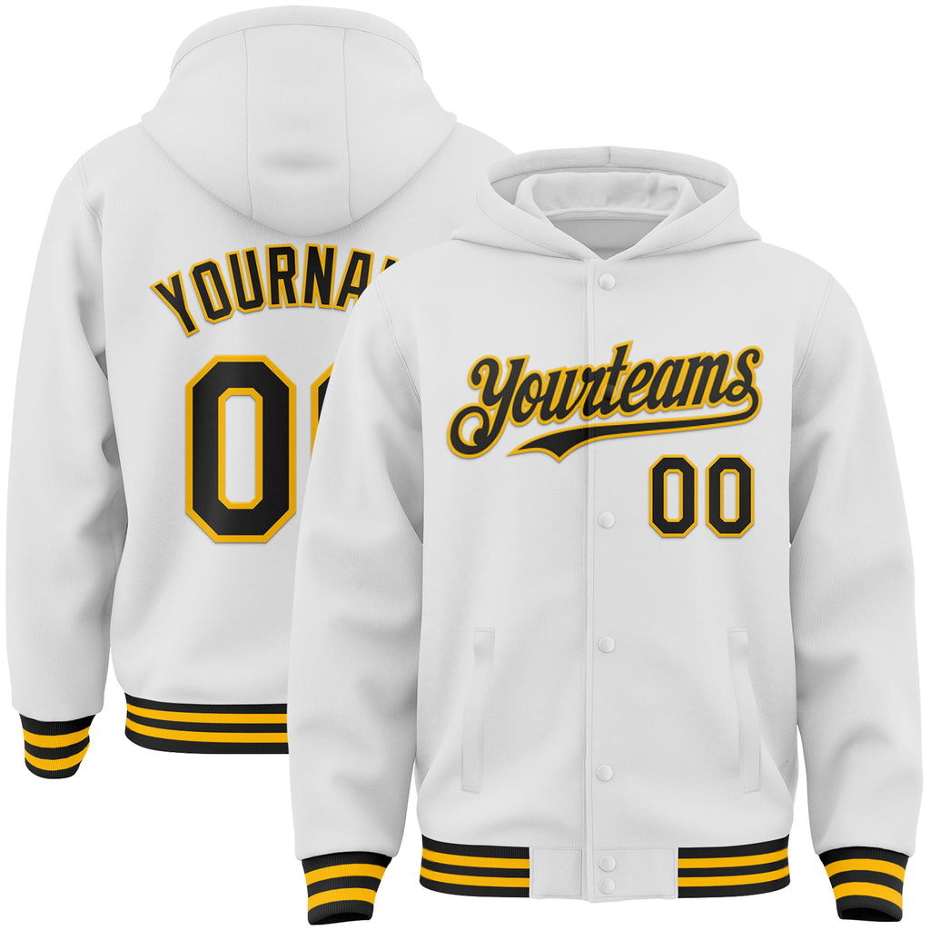 Custom White Black-Gold Bomber Full-Snap Varsity Letterman Hoodie Jacket