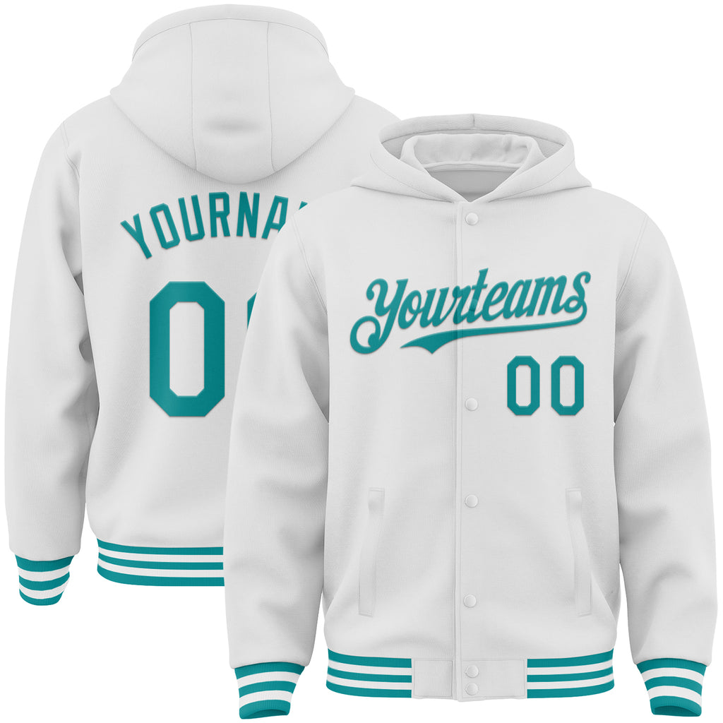 Custom White Teal Bomber Full-Snap Varsity Letterman Hoodie Jacket