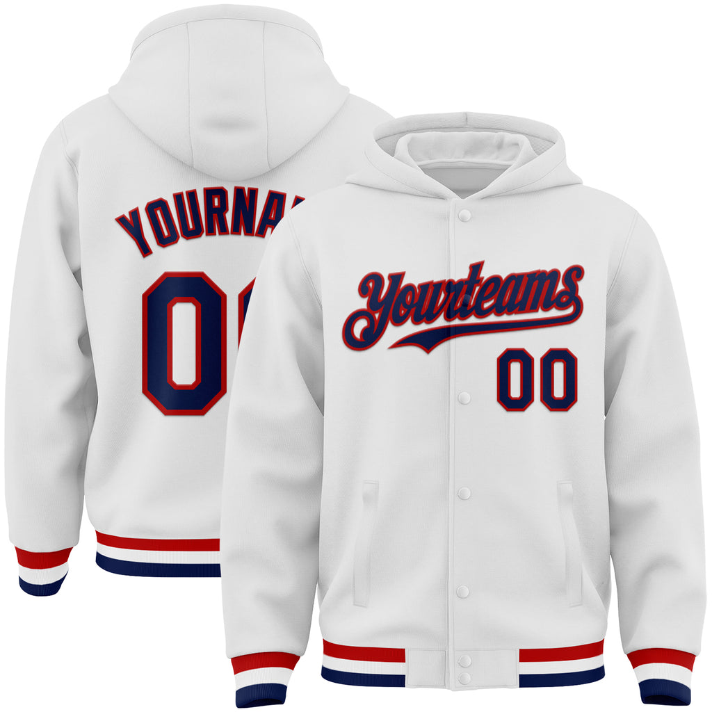 Custom White Navy-Red Bomber Full-Snap Varsity Letterman Hoodie Jacket