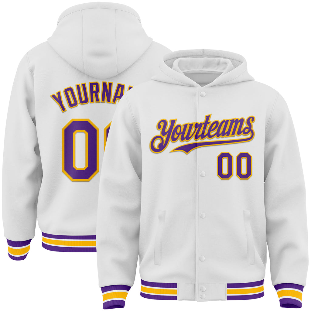 Custom White Purple-Gold Bomber Full-Snap Varsity Letterman Hoodie Jacket