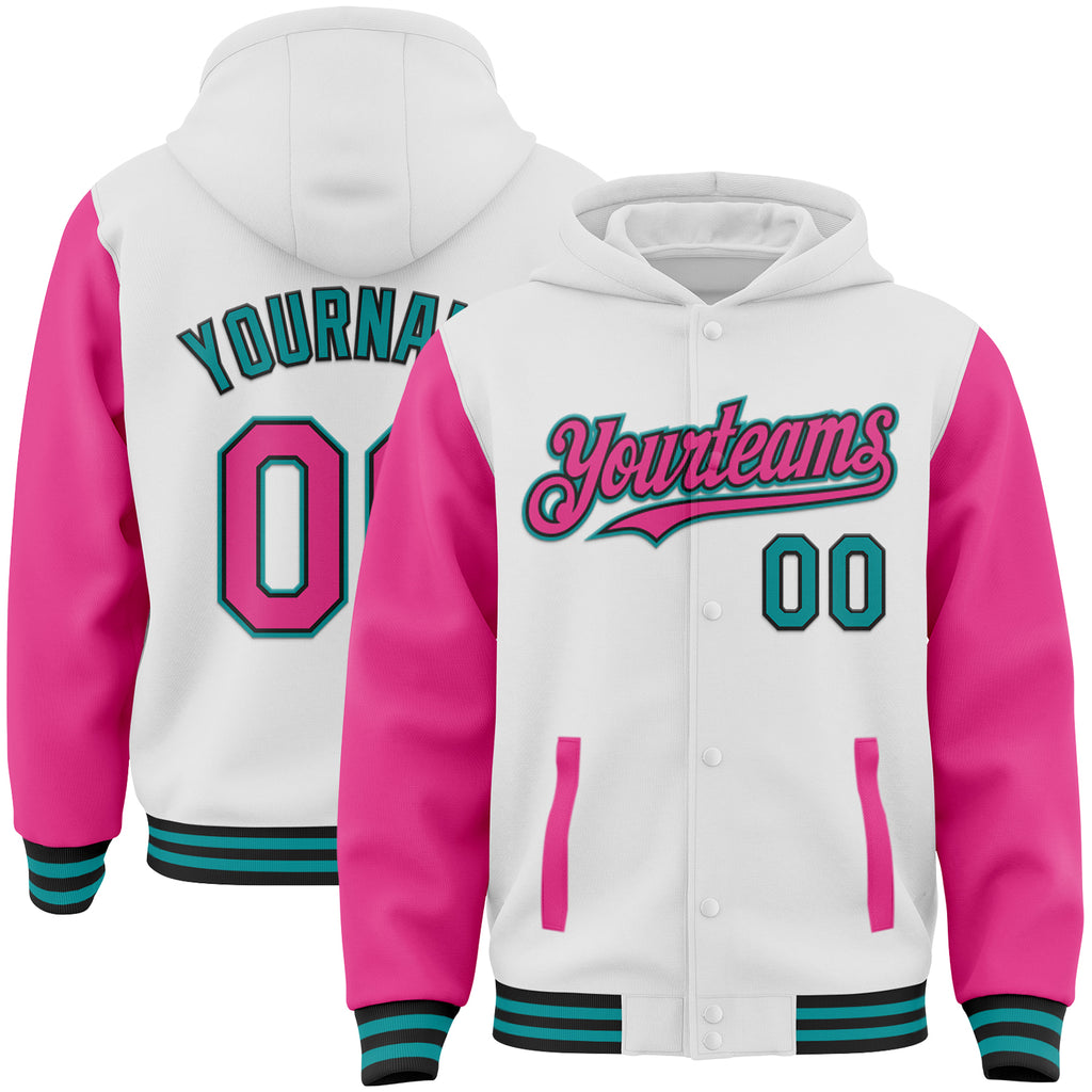 Custom White Pink Black-Teal Bomber Full-Snap Varsity Letterman Two Tone Hoodie Jacket