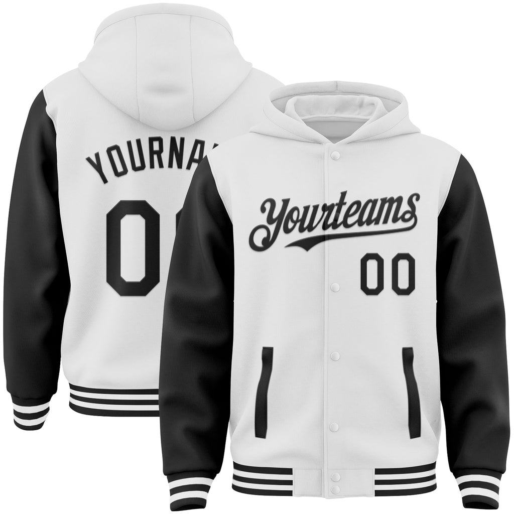 Custom White Black Bomber Full-Snap Varsity Letterman Two Tone Hoodie Jacket