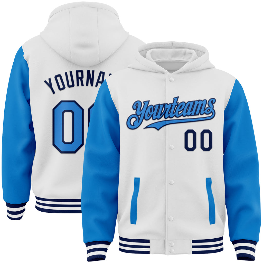 Custom White Powder Blue-Navy Bomber Full-Snap Varsity Letterman Two Tone Hoodie Jacket