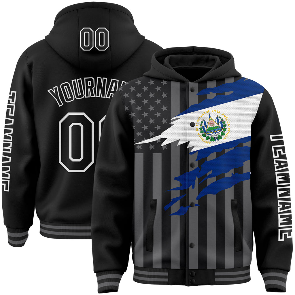 Custom Black Gray-White El Salvador El Salvadoran Flag 3D Bomber Full-Snap Varsity Letterman Hoodie Jacket