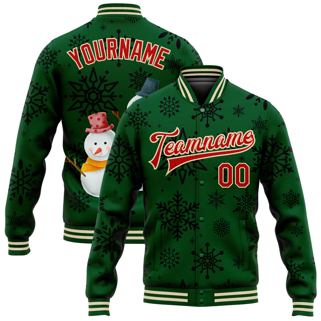 Custom Green Red-Cream Christmas 3D Bomber Full-Snap Varsity Letterman Jacket