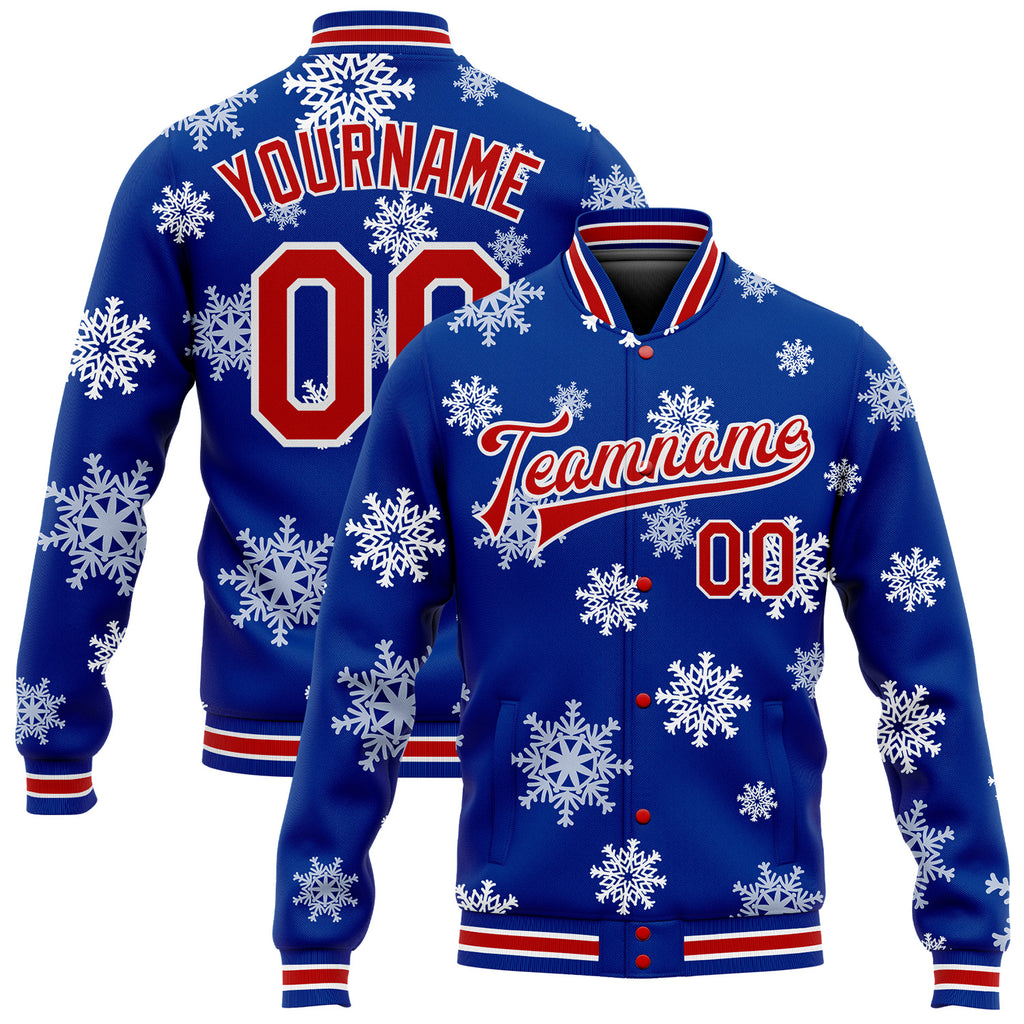 Custom Royal Red-White Christmas 3D Bomber Full-Snap Varsity Letterman Jacket