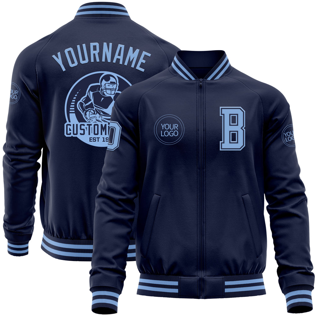 Custom Navy Light Blue Bomber Varsity Letterman Zipper Jacket