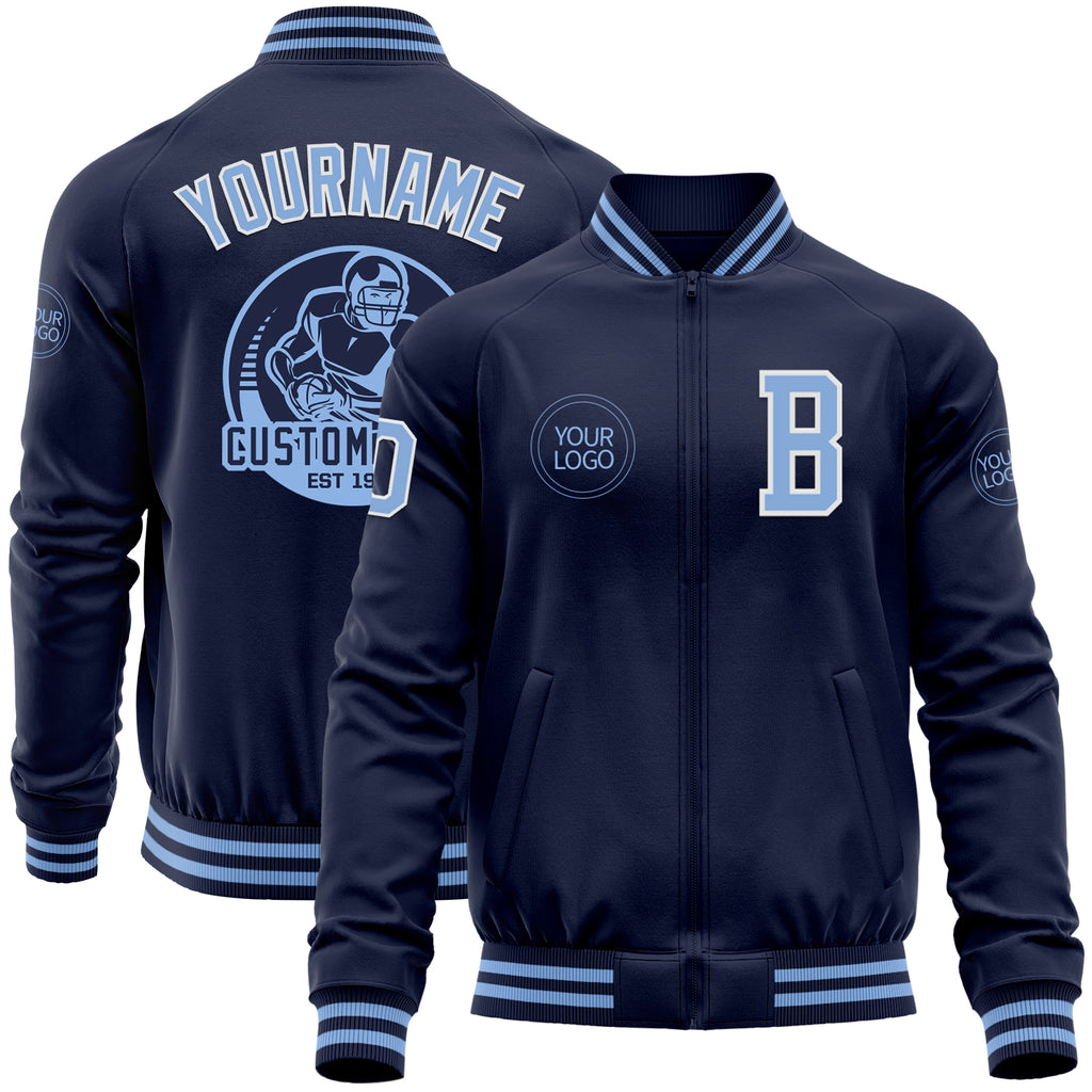 Custom Navy Light Blue-White Bomber Varsity Letterman Zipper Jacket