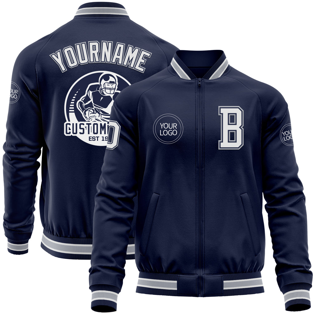 Custom Navy White-Gray Bomber Varsity Letterman Zipper Jacket