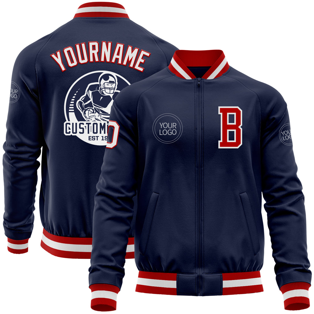 Custom Navy White-Red Bomber Varsity Letterman Zipper Jacket