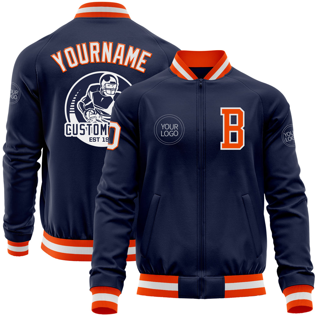 Custom Navy White-Orange Bomber Varsity Letterman Zipper Jacket