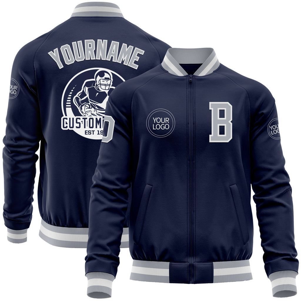 Custom Navy Gray-White Bomber Varsity Letterman Zipper Jacket