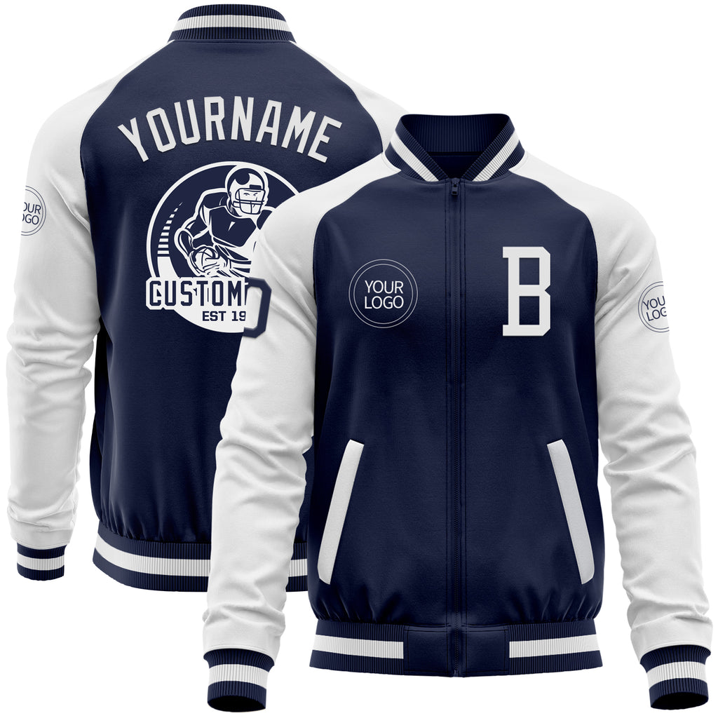 Custom Navy White Bomber Varsity Letterman Two Tone Zipper Jacket