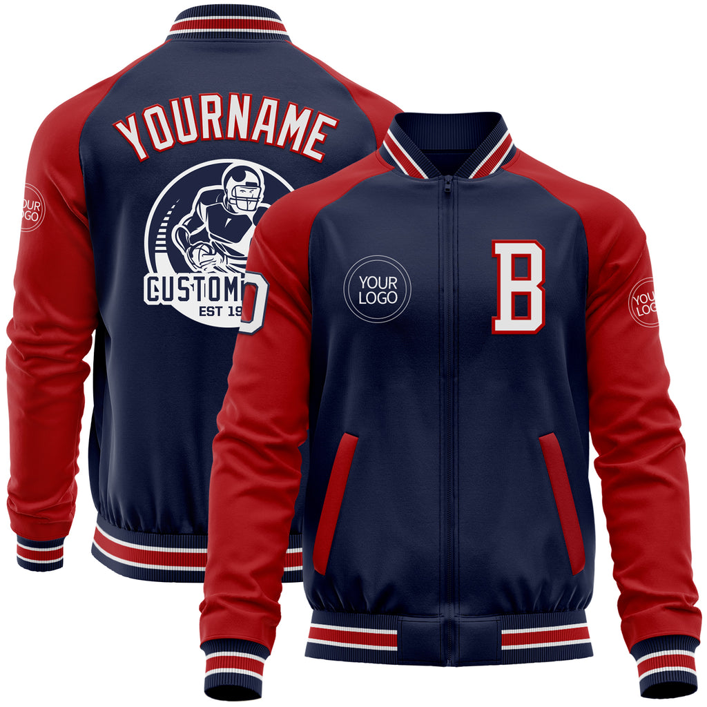 Custom Navy White-Red Bomber Varsity Letterman Two Tone Zipper Jacket