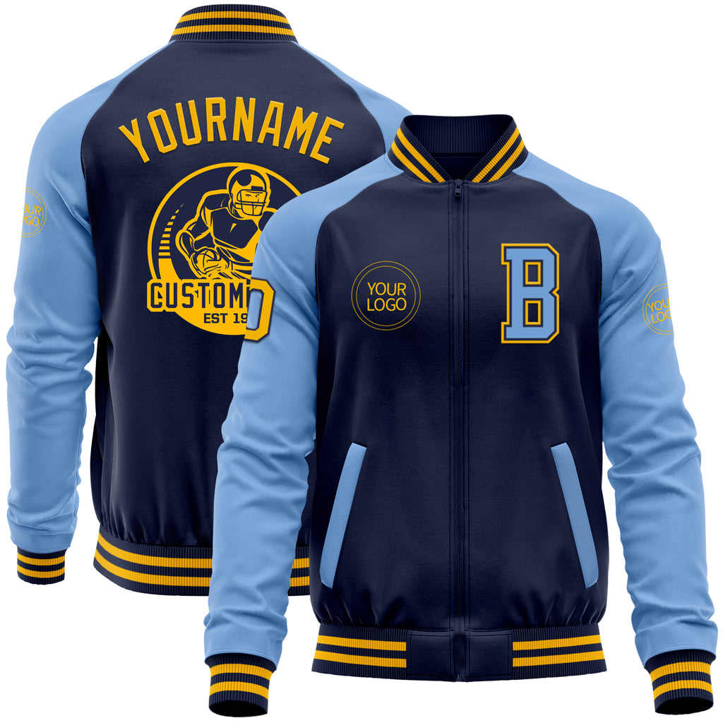 Custom Navy Gold-Light Blue Bomber Varsity Letterman Two Tone Zipper Jacket