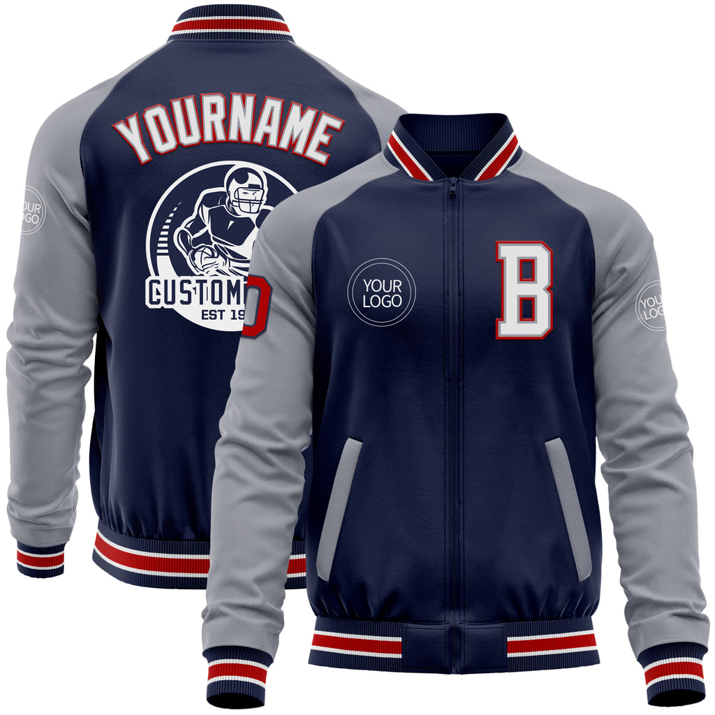 Custom Navy Gray-Red Bomber Varsity Letterman Two Tone Zipper Jacket