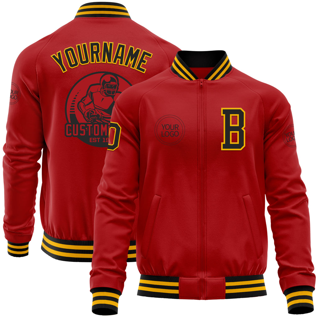 Custom Red Black-Gold Bomber Varsity Letterman Zipper Jacket