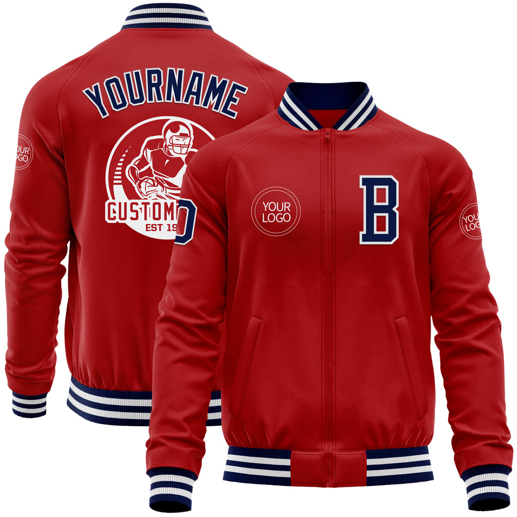 Custom Red Navy-White Bomber Varsity Letterman Zipper Jacket