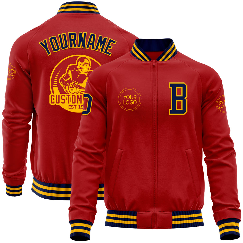 Custom Red Navy-Gold Bomber Varsity Letterman Zipper Jacket