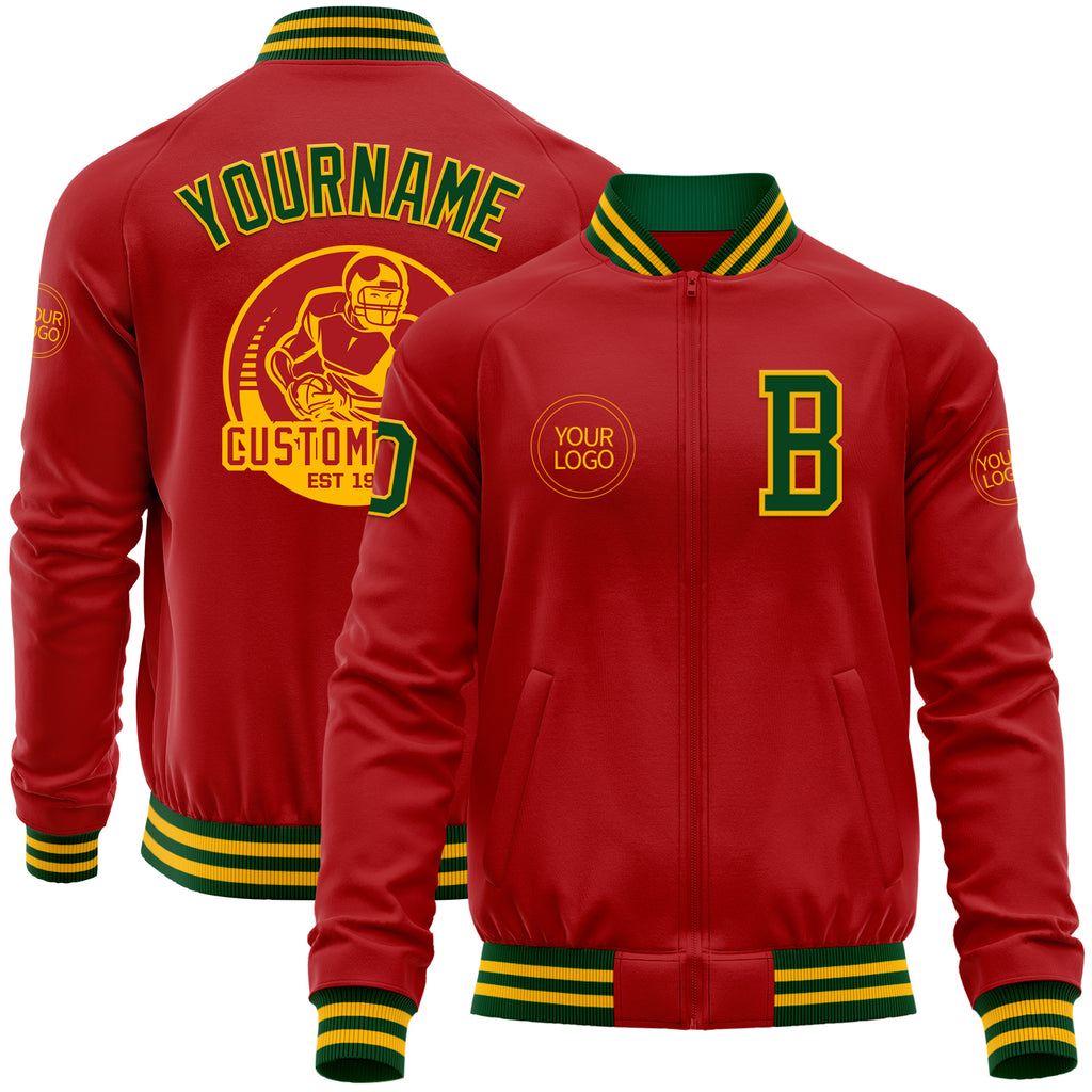 Custom Red Green-Gold Bomber Varsity Letterman Zipper Jacket